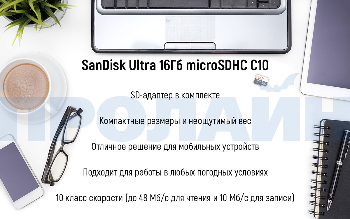 Карта памяти с адаптером 16Gb microSDHC С10 SanDisk Ultra 