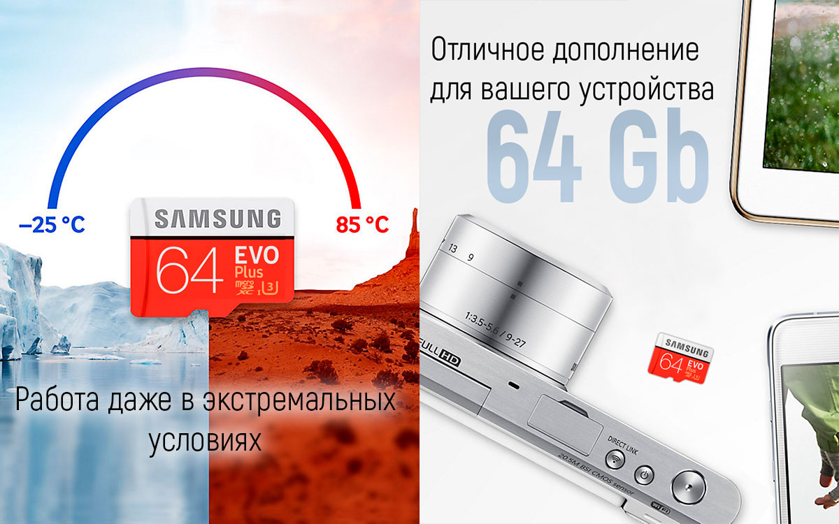 Карта памяти 64Gb microSDXC UHS-I U3 Samsung EVO Plus Class 10 c адаптером